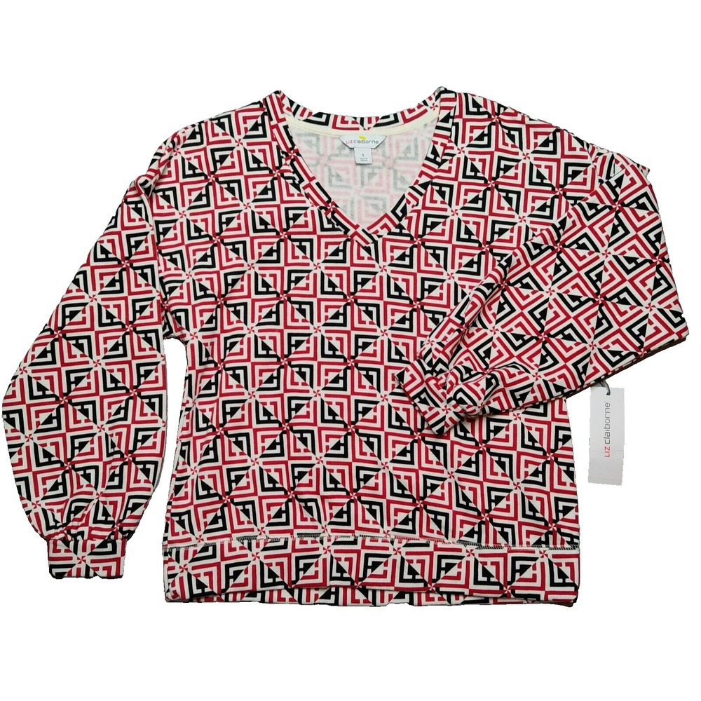Liz Claiborne Women Small Red Black Logo Long Sleeve Pullover‎ V-Neck Top NEW